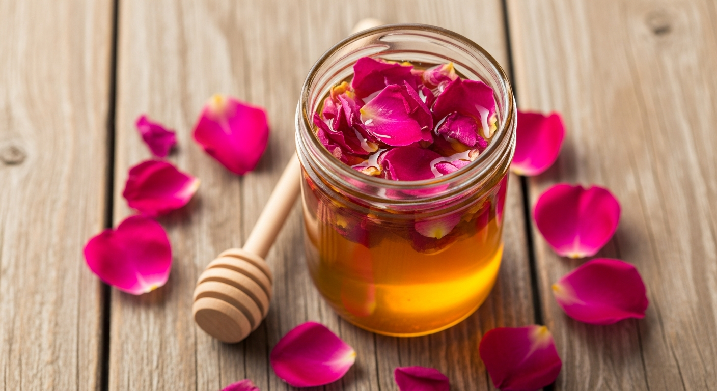 Glass jar of rose petal honey with pink petals and honey dipper on rustic wood surface
