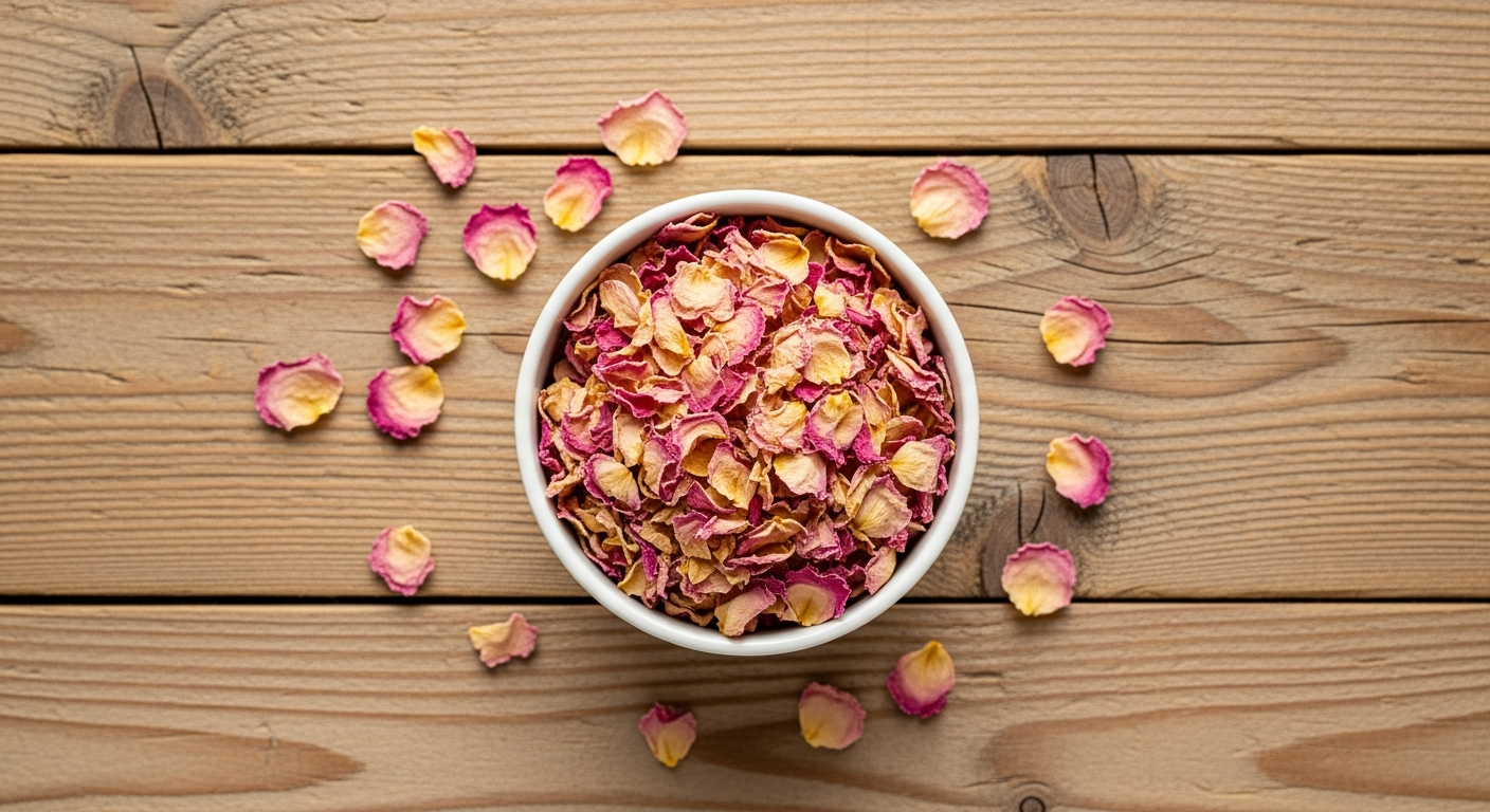 Dried rose petals in a ceramic bowl ready to make homemade rose petal infused oil