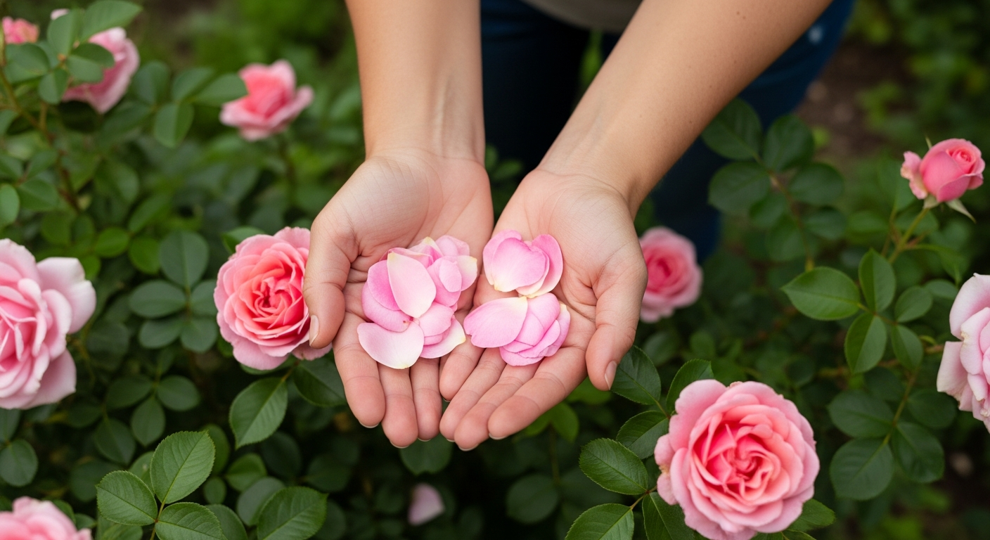 Hands picking fragrant pink garden rose petals outdoors to make rose petal infused oil at home