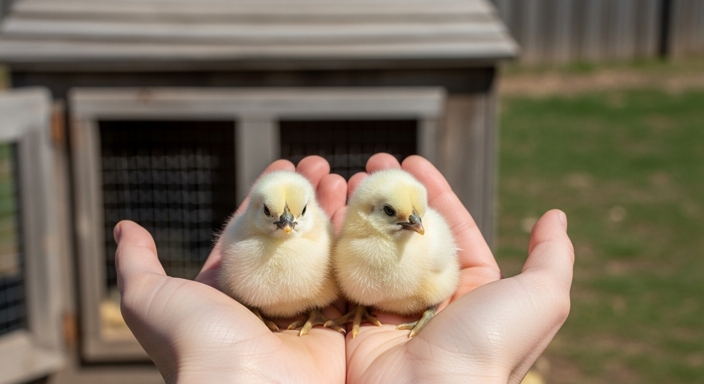 Two tiny day-old Silkie chicks resting in a woman's palms showing how small they are at hatch
