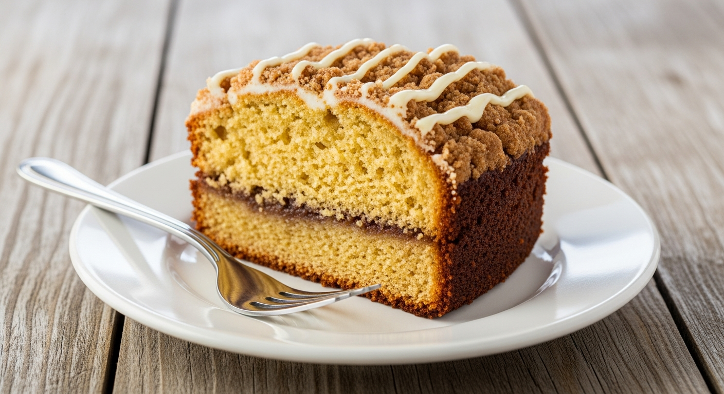A slice of skillet coffee cake on a farmhouse plate showing the dense crumb and cream cheese drizzle, warm natural light