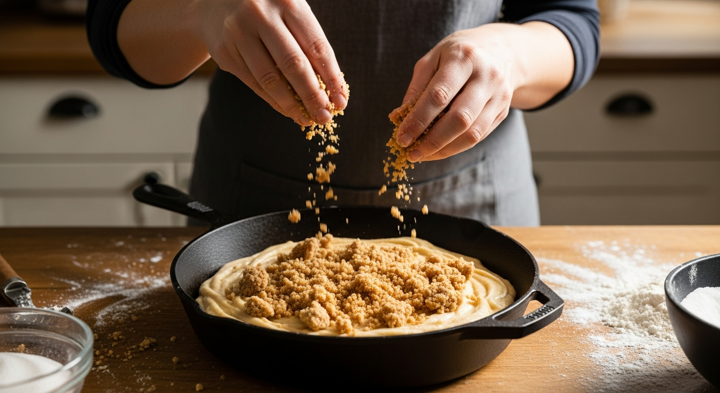 Hands scattering cinnamon streusel crumbles over coffee cake batter in a black cast iron skillet on a wood kitchen counter
