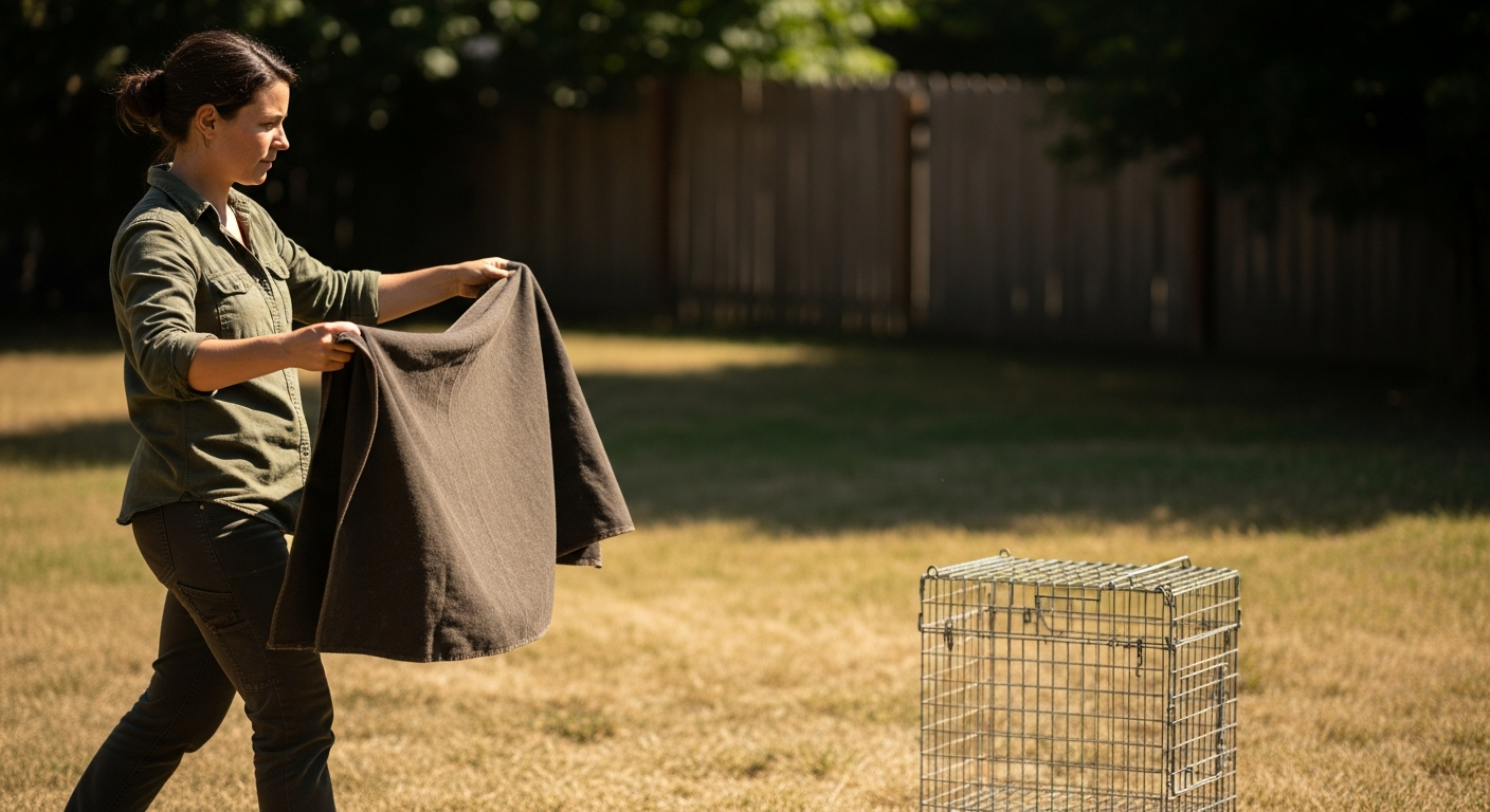 A woman holding a dark blanket open as a shield while approaching a wire cage skunk trap on the grass