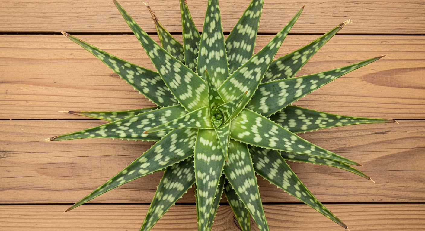 Close-up of soap aloe rosette showing spotted mottled green-white leaves and spiny edges