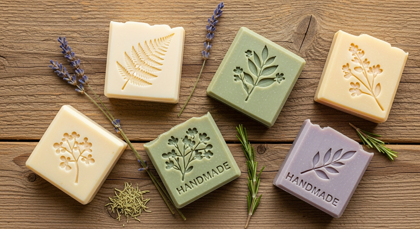 Six homemade soap bars with different embossed soap stamp impressions arranged on a rustic wood surface