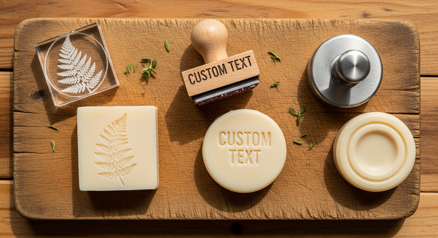 Three types of soap stamps - acrylic, custom wood, and metal embosser - shown with their stamped soap bar impressions
