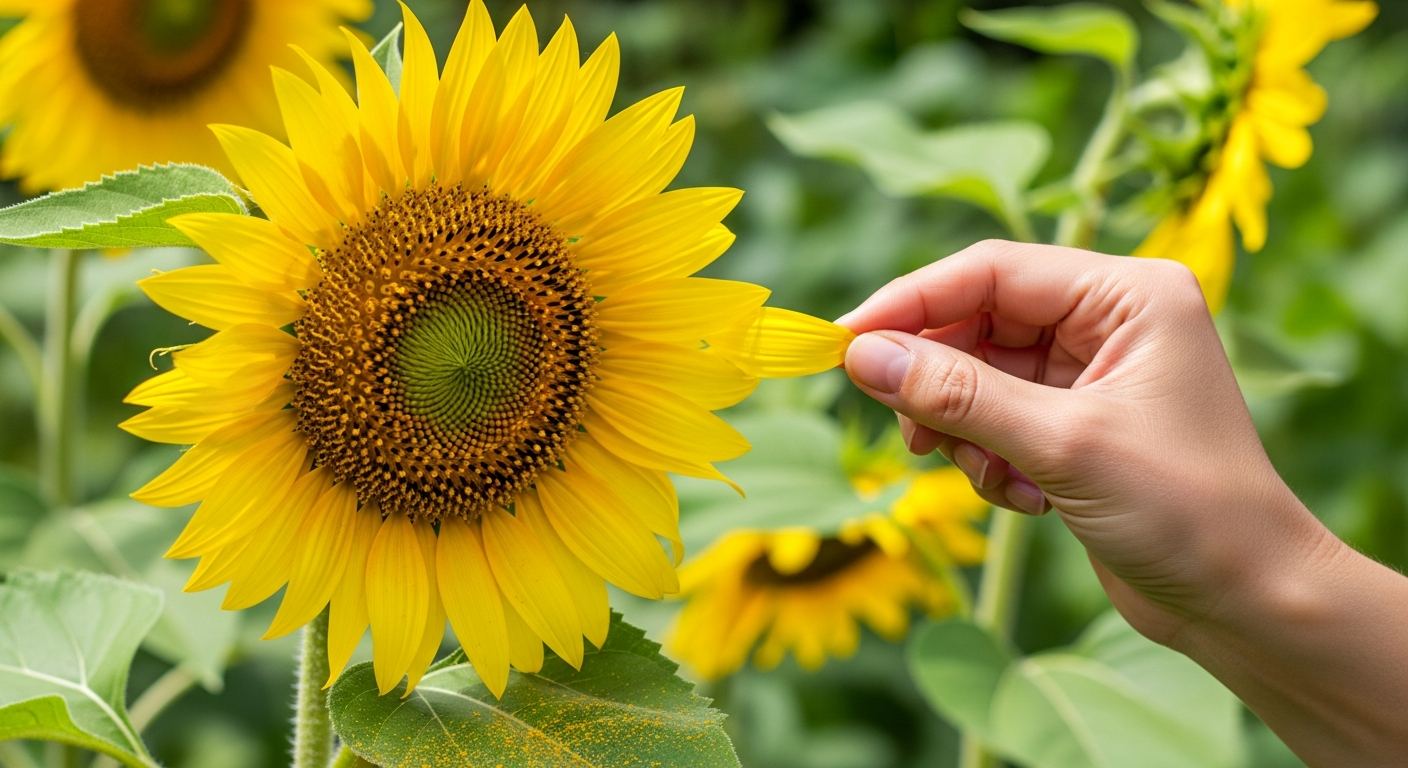 A hand gently pulling a bright yellow petal from a large blooming sunflower in a garden, outdoor summer sunlight, green garden background