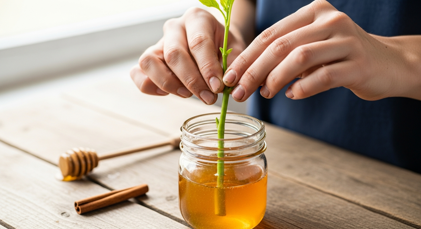 Hands dipping the base of a fresh plant stem cutting into a small jar of honey-water mixture on a wood surface