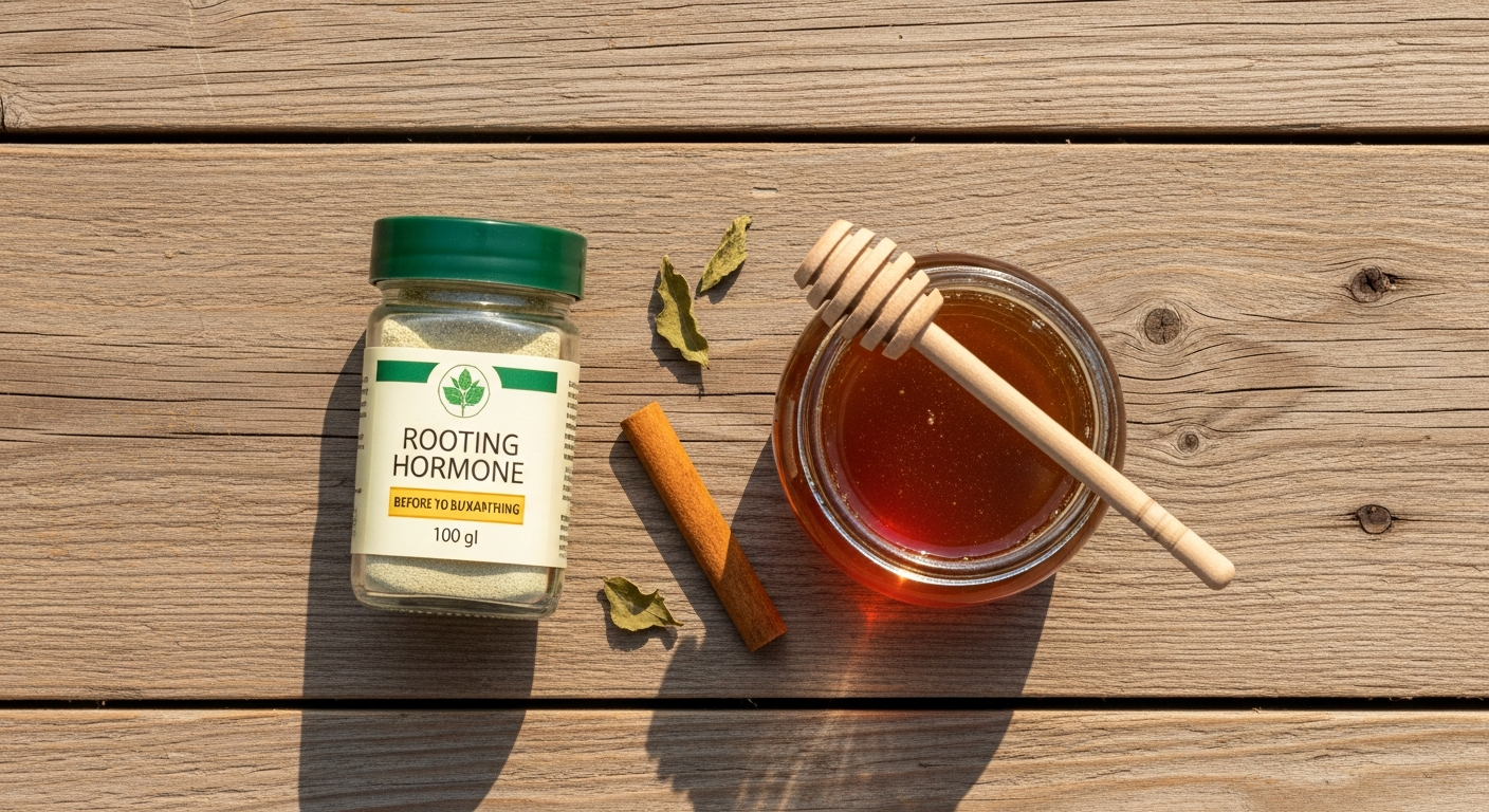 Small jar of rooting hormone powder next to a jar of honey and a cinnamon stick on a weathered wood plank surface