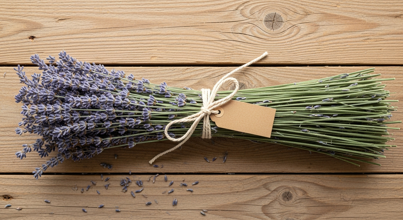 Dried lavender bundle tied with natural twine and a gift tag on a wood plank surface