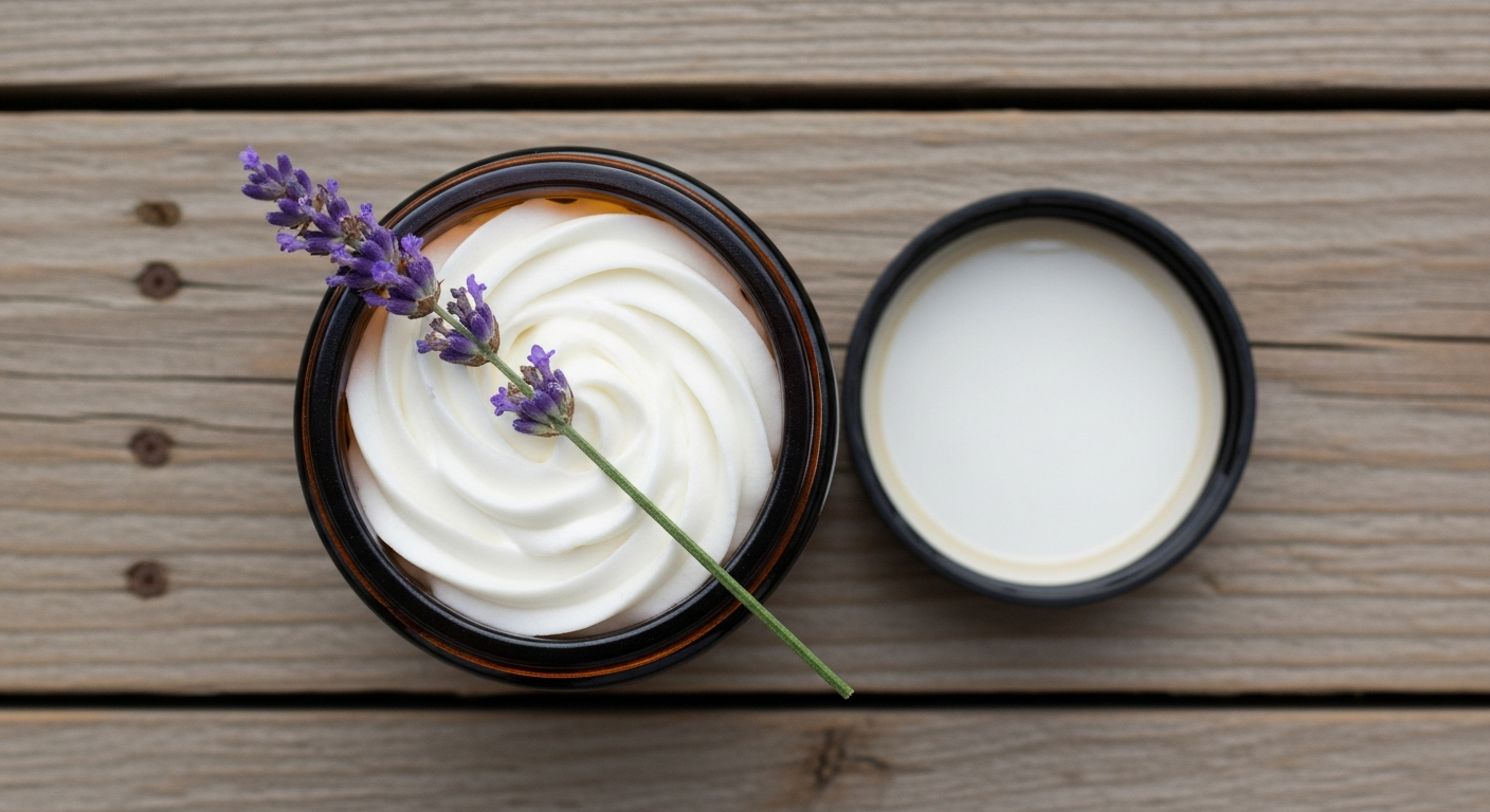 Close up of fluffy whipped tallow face cream in an open amber jar with lavender on rustic wood